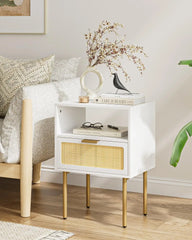 Rattan Nightstand with Charging Station, 2 Drawer Dresser for Bedroom, Small Bedside Table with 2 Drawers, Night Stand,