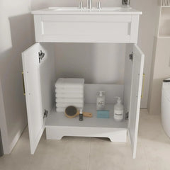 Vanity with Ceramic Sink, Bathroom Vanity Cabinet with 2 Doors, 24 Inches Wooden Bathroom Sink Cabinet, White