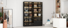 Display Cabinet with Light, Storage Shelves with Pop-up Glass Doors, 2 Drawers&3 Color Light, Collectibles Cabinet Display Shelf