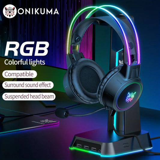 ONIKUMA Professional Gaming Headset with RGB Dynamic Lighting Wired Over-Ear Headset with Noise Canceling Microphone for PC