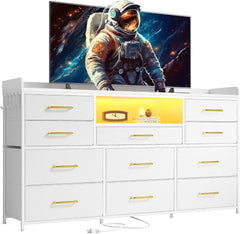 Dresser TV Stand with TV Stand for Bedroom with LED Lights & Power Outlets Long Dresser for Bedroom with Shelves