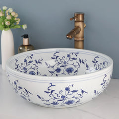 JIENI Circular Blue And White Porcelain Ceramic Basin Set W/ Antique Bamboo Shaped Faucet And Pop Drain Bathroom Sink Lavabo