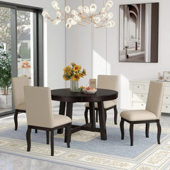 5-Piece Farmhouse Dining Table Set Wood Round Extendable Dining Table and 4 Upholstered Dining Chairs