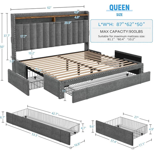 Bed Frame with 3 Storage Drawers,Queen Size Bed Frame with Headboard, Upholstered Platform Bed Frame Queen Size with Storage