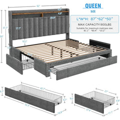 Bed Frame with 3 Storage Drawers,Queen Size Bed Frame with Headboard, Upholstered Platform Bed Frame Queen Size with Storage