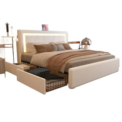 Bed Frame, Adjustable Headboard with LED Lights and 4 Stoarge Drawers, Upholstered Platform Bed with Charging Station, Bed Frame