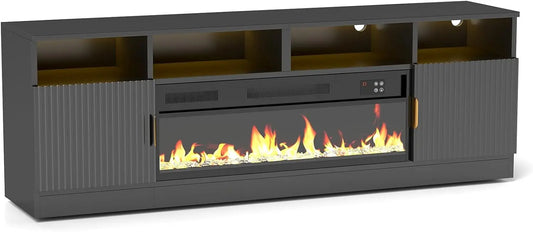 70" Fireplace TV Stand with 38.3" Electric Fireplace & 24 Colors LED Light, Entertainment Center with Fluted Storage Ca