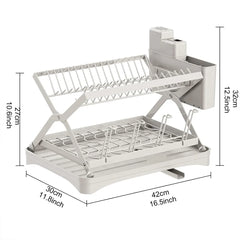 2-Tier Kitchen Counter Dish Drainer Storage Rack Collapsible Dish Bowl Rack Water Cup Organizer with 360° Retractable Drain