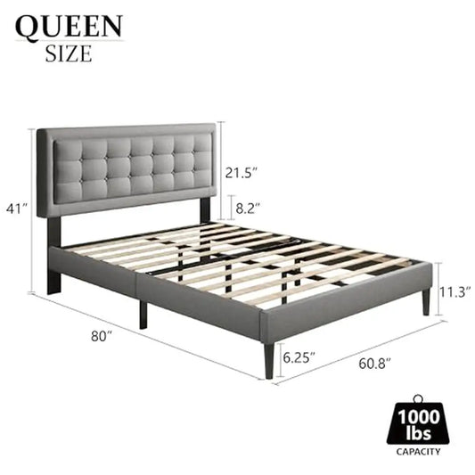 Upholstered Headboard Platform Bed Frame Queen Size Wooden Slat Support Button Tufted Design Robust Construction Box Spring-Free