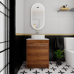 24 Inch Bathroom Vanity with Sink, Modern Stylish Brown Vanity with Side Cabinet Set, White Flat Stone Counter top Ceramic Sink