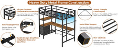 DIAC Twin Metal L-Shaped Desk, Lights,Charging Station LED Loft Bed Frame Size with 3 Storage Shelves an