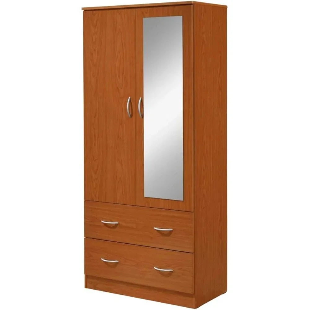 2 Door Wood Wardrobe Bedroom Closet with Clothing Rod inside Cabinet, 2 Drawers for Storage and Mirror, White