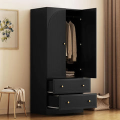 Freestanding Bedroom Armoire Wardrobe with 2 Drawers, Chest Clothes Storage with Clothing Rod and 2 Storage Doors, Wardrobes