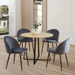 5-Pieces Modern 35'' Inch Round Natural Wooden Dining Table Set for 4 Comfortable Velvet Chairs, Space Saving Kitchen Furniture