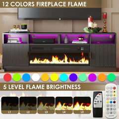 70" Fireplace TV Stand with 38.3" Electric Fireplace & 24 Colors LED Light, Entertainment Center with Fluted Storage Ca