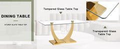 63” Glass Dining Table Set for 6,Gold Dining Room Table Set for 6,Modern Kitchen Table and PU Leather Chairs for 6, Dinner Table