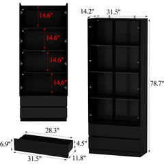 Display Cabinet with Light, Storage Shelves with Pop-up Glass Doors, 2 Drawers&3 Color Light, Collectibles Cabinet Display Shelf