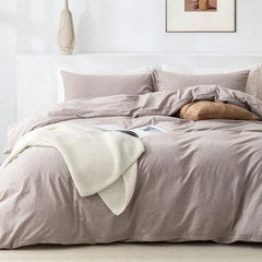 Duvet Cover Set- 100% Washed Cotton 3 Pcs Soft Comfy Breathable Chic Linen Feel Bedding, 1 Duvet Cover and 2 Pillow Shams