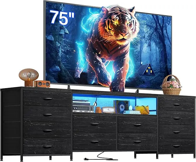 Dresser TV Stand for Bedroom with LED Lights & Power Outlets &Drawers Dresser