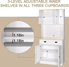 72'' Kitchen Pantry Cabinet Storage Hutch with Microwave Stand, Freestanding Pantry Buffet Cabinet with Adjustable Shelves