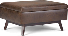 Owen 34 Inch Wide Mid Century Modern Rectangle Coffee Table Lift Top Storage Ottoman in Upholstered Distressed Chestn