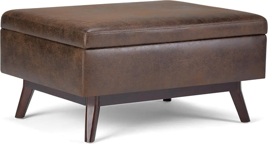 Owen 34 Inch Wide Mid Century Modern Rectangle Coffee Table Lift Top Storage Ottoman in Upholstered Distressed Chestn