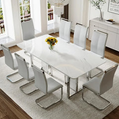 79 Inch Modern Dining Table, Capable of Accommodating 8 People, Artificial Marble Dining Table with Silver Metal Base