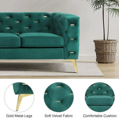 Velvet Button Tufted Upholstered Couch, Settee Sofa with High Arm and Golden Metal Legs, Couches for Living Room Bedroom Office