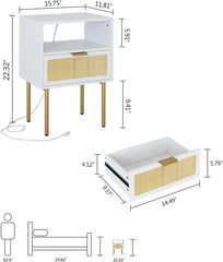 Rattan Nightstand with Charging Station, 2 Drawer Dresser for Bedroom, Small Bedside Table with 2 Drawers, Night Stand,