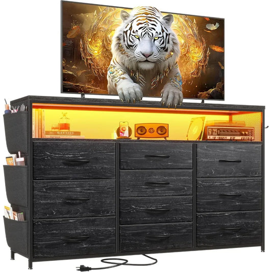 Dresser TV Stand with 10 Drawers for 55" TV Stand for Bedroom with LED Lights & Power Outlets Wide Dresser for Bedroom Shelves