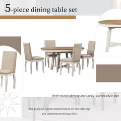 5-Piece Farmhouse Dining Table Set Wood Round Extendable Dining Table and 4 Upholstered Dining Chairs