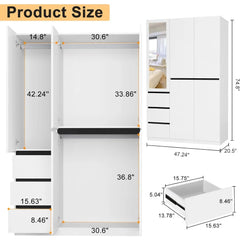 3 Door Armoire Wardrobe Closet, Wardrobe Closet with 3 Drawers, Freestanding Wardrobes with 3 Hanging Rod and a Mirror for Bedro