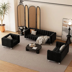 Modern Sofa Sets with Metal Legs, Button Tufted Back, PU Upholstered Couches Sets