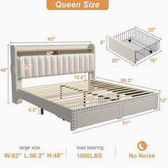 King size bed frame with storage space and headboard, king size bed frame with 2 drawers, noiseless and no need for a spring box