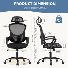 JHK Ergonomic Mesh Fixed Armrest Office Computer Desk Chair Adjustable Headrests Comfortable Lumbar Support For Home Office