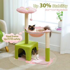 Flower Cat Tree with Large Metal Frame Hammock Cute Cat Tower with Sisal Scratching Posts for Small Indoor Cats with Pink Perch