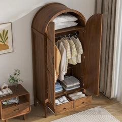 Armoire Wardrobe Closet with 2 Arched Fluted Doors, Armorie Wardrobe Closet with Drawers, Wooden Wardrobe Cabinet with Shelves