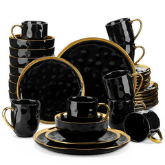 LOVECASA 16/32 Piece Black Porcelain Dinnerware Set with Gold Trim Dessert Plate,Dinner Plate,Cup,Bowl Tableware Set