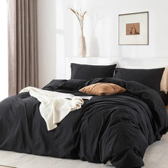 Duvet Cover Set- 100% Washed Cotton 3 Pcs Soft Comfy Breathable Chic Linen Feel Bedding, 1 Duvet Cover and 2 Pillow Shams