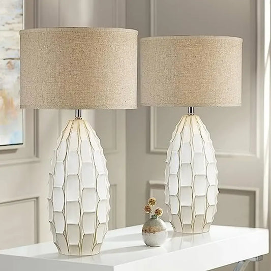 Mid Century Modern Coastal Oval Ceramic Table Lamps Set of 2 White Hand-Crafted Textured Base Beige Fabric Drum Shades 150W Max