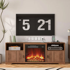 68" Fireplace TV Stand for TVs up to 70" with 23" Electric Heater, Media Console Cabinet with Storage Shelves, Fluted Door