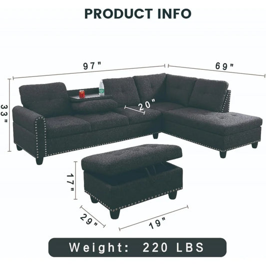 L Shaped Sofa with Ottoman Modern Nail-Head Design Linen Facing Sectional Couches with Cup Holder for Living Room etc.