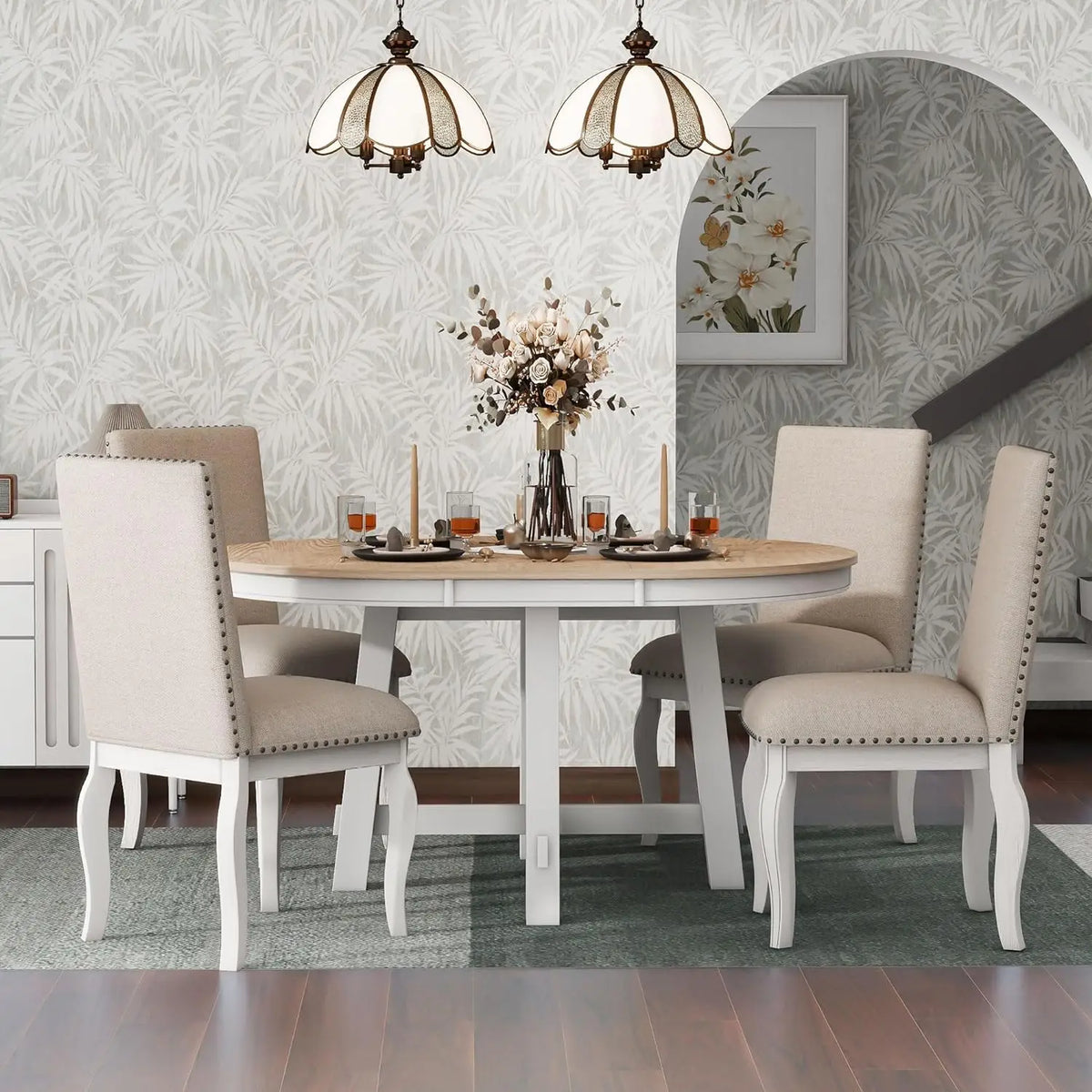 5-Piece Farmhouse Dining Table Set Wood Round Extendable Dining Table and 4 Upholstered Dining Chairs