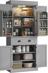 Kitchen Pantry Cabinet with Motion Sensor Light, Tall Storage Cabinet with 6 Door Shelves, a Drawer & 4 Adjustable Shelves