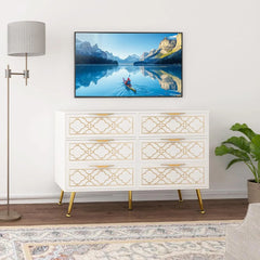 48" Sideboard Buffet Cabinet with Storage, White & Gold Floral Accent Storage Cabinet with 4 Doors, Credenza for Living Room