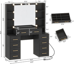 Glass Top Vanity Desk with Mirror & Lights, Large Vanity Makeup Mirror Desk with Charging Station & Compartment Storage Drawers,