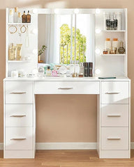 65.9'' Vanity Desk with LED Lighted Mirror;Power Outlet,Modern Corner Makeup Vanity Table 8 Drawers; Open Shelve, Dressing Table