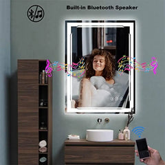 32x24 Smart LED Bluetooth Speaker Bathroom Vanity Mirror with Anti-Fog & 3 Lights Setting Wall Mount Mirror IP54 Waterproof