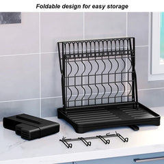 2-Tier Kitchen Counter Dish Drainer Storage Rack Collapsible Dish Bowl Rack Water Cup Organizer with 360° Retractable Drain