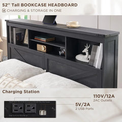 King Size Wood Bed Frame Farmhouse with 52" Tall Storage Bookcase Headboard, LED Light,Charging Station,4 Drawers and Solid